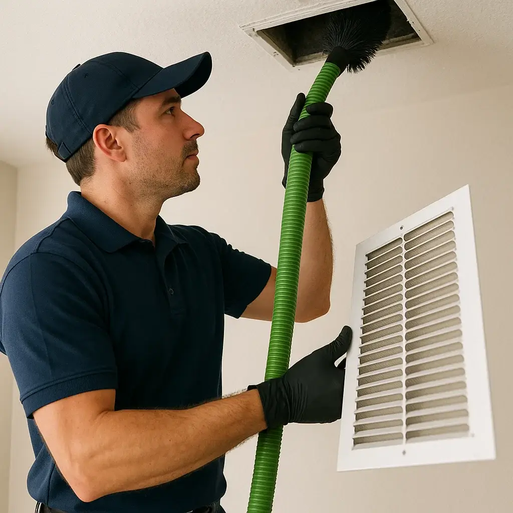Technician from Rosenberg TX Air Ducts Cleaning using high-powered vacuum tools to remove dust and allergens from home air ducts