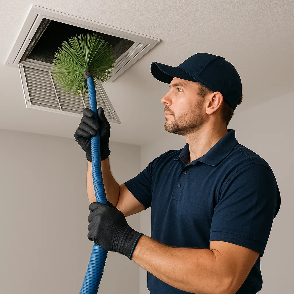 Technicians from Rosenberg TX Air Ducts Cleaning using camera inspection, rotary brushes, and antimicrobial treatment for total duct system cleanliness.